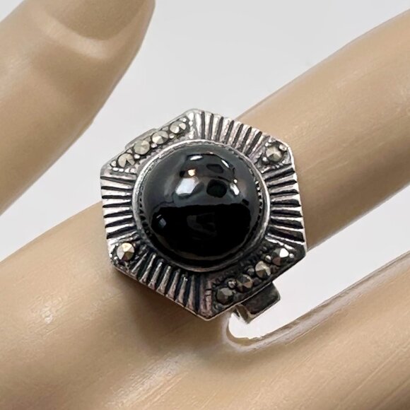 Onyx Ring, Marcasite, Sterling Silver, Black Onyx, Art Deco Style, Vintage